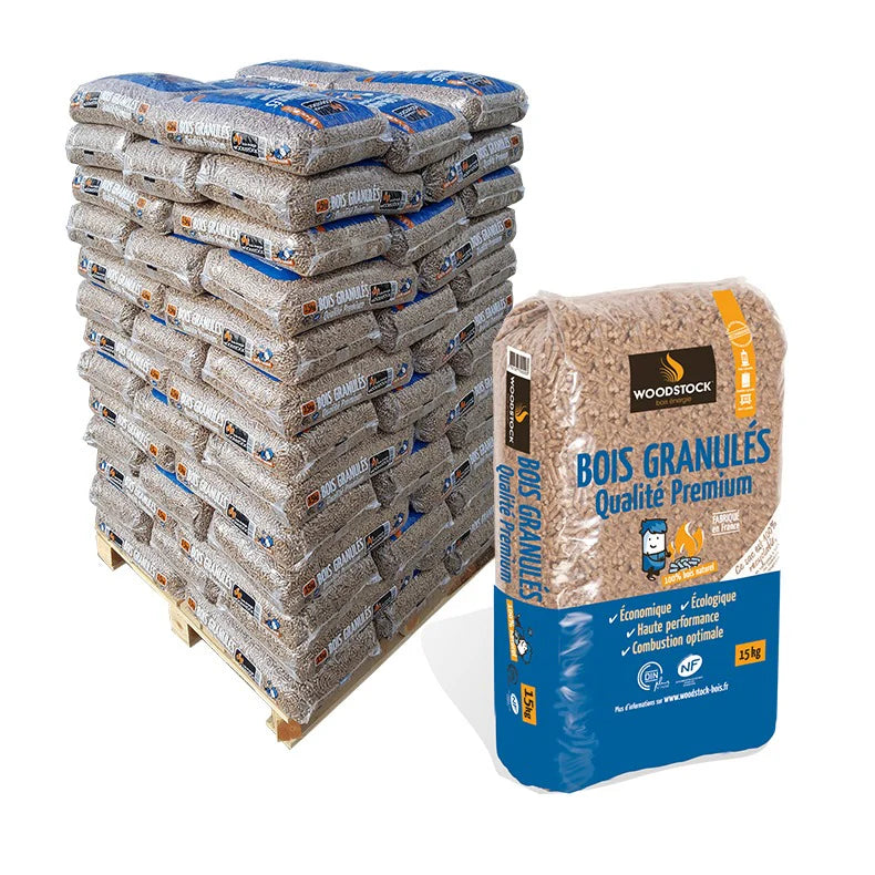 Pall med Woodstock Pellets – 66 säckar à 15 kg – 8 mm